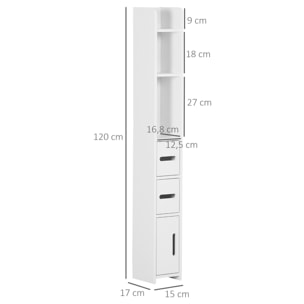 kleankin Armario Alto de Baño con 3 Puertas y 3 Estantes Abiertos Columna Auxiliar de Baño para Salón Aseo Dormitorio Estilo Moderno 15x17x120 cm Blanco