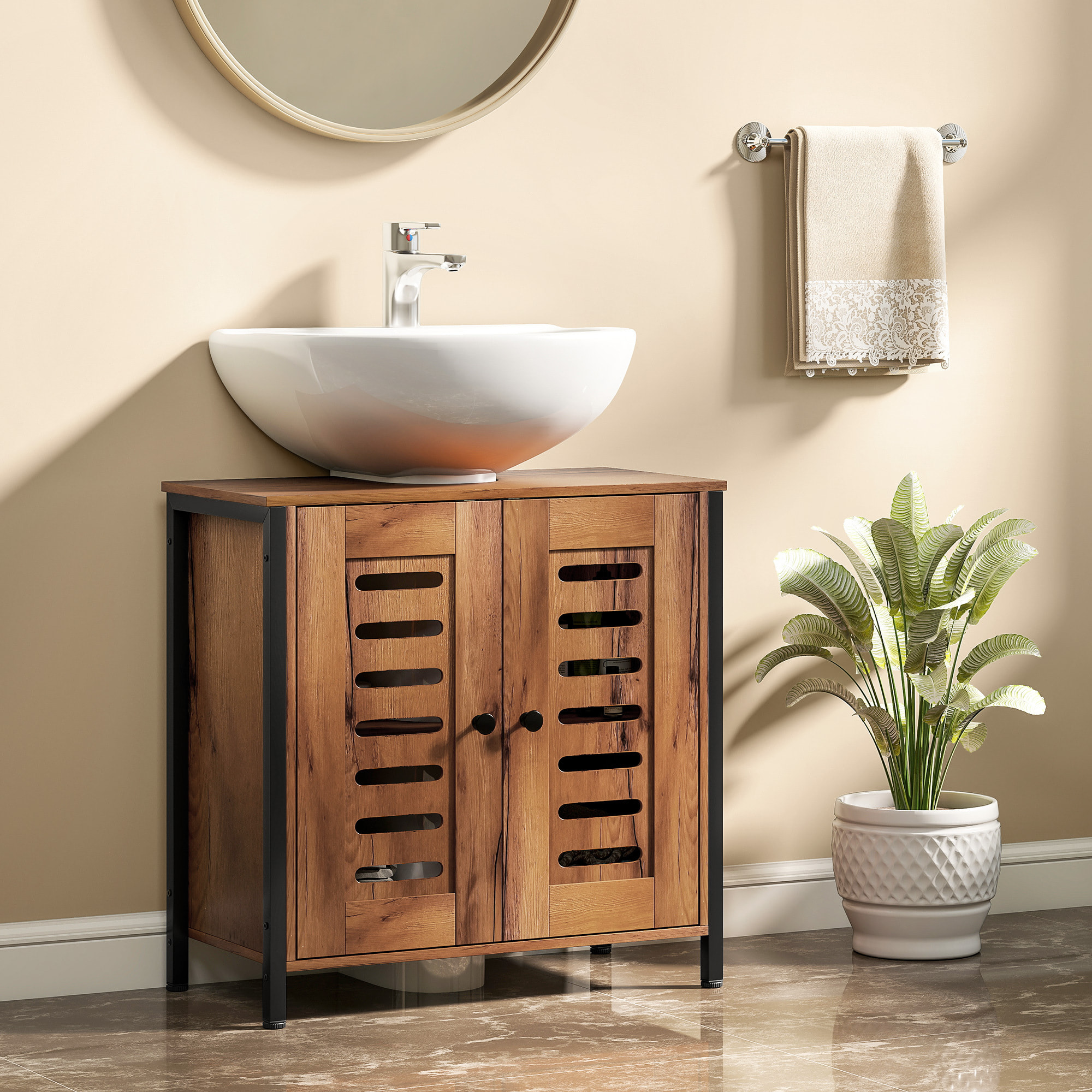 Mueble Bajo Lavabo, Mueble de Baño Industrial, 2 Puertas de Lamas con Cierre Magnético, Estante Ajustable, para Lavabos sin Pedestal, 60x30x60 cm, Marrón Rústico