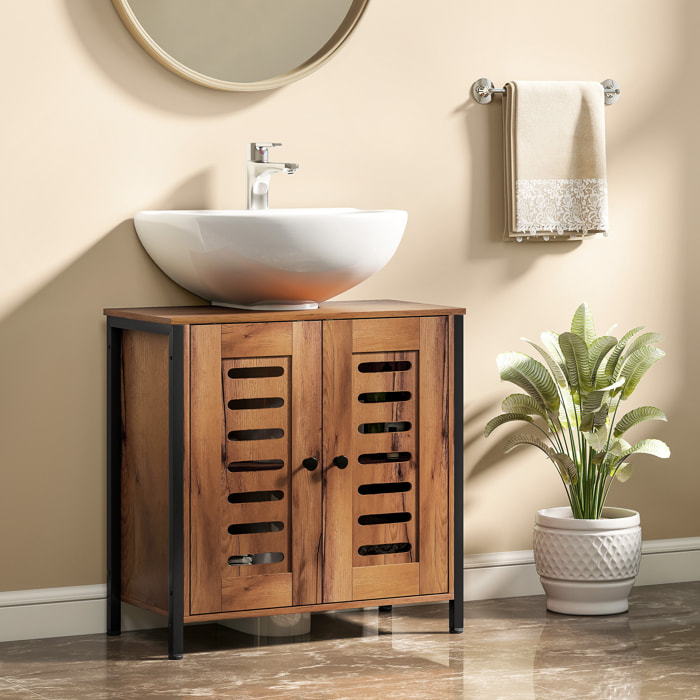 Mueble Bajo Lavabo, Mueble de Baño Industrial, 2 Puertas de Lamas con Cierre Magnético, Estante Ajustable, para Lavabos sin Pedestal, 60x30x60 cm, Marrón Rústico