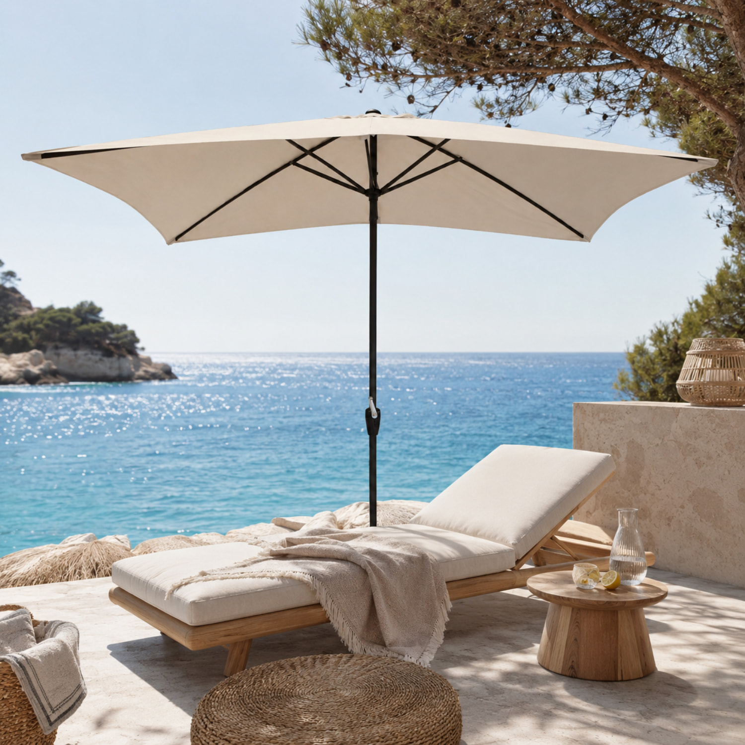 Ombrellone Rettangolare 3x2 M Da Giardino Parasole Per Balcone Con Air Vent Apertura A Manovella Anti UV Idrorepellente Mare Spiaggia Piscina Beige