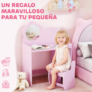 Tocador de Maquillaje Niña, 2 en 1, Escritorio, Tocador Infantil con Taburete, Espejo en Forma de Flor, Estantes Abiertos, para Niños +3 Años, Morado