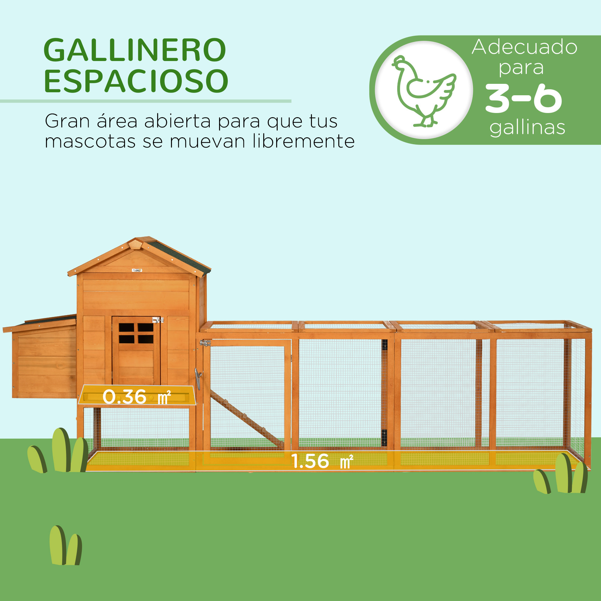 Gallinero de Madera 297,5x68x118 cm para 3-6 Gallinas con Techo Asfáltico Corral