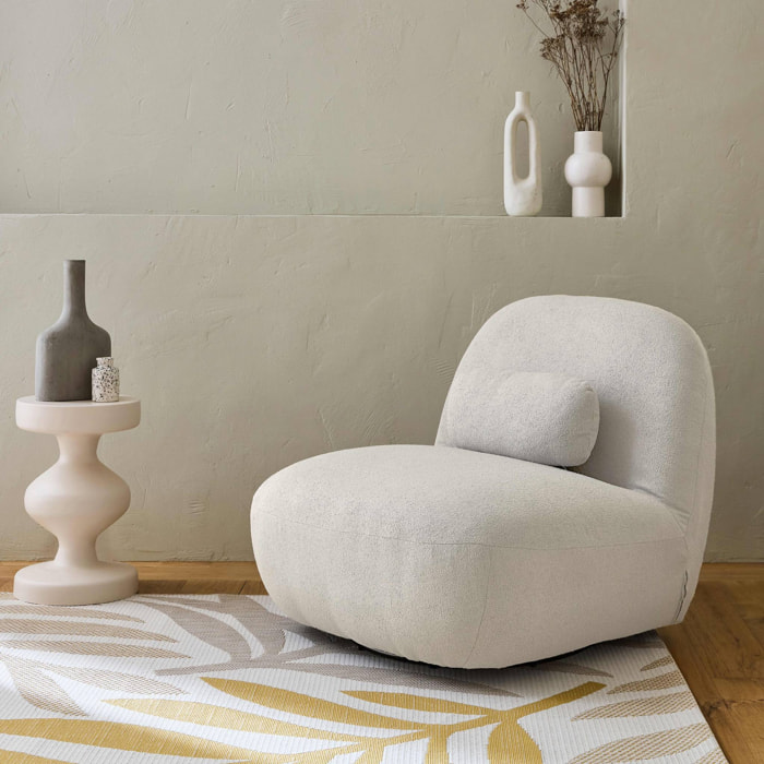 Fauteuil pivotant 360° en bouclette texturée blanc crème. piètement en métal noir mat - SPINO