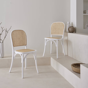 Lot de deux chaises vintage blanches en bois avec assise et dossier en rotin
