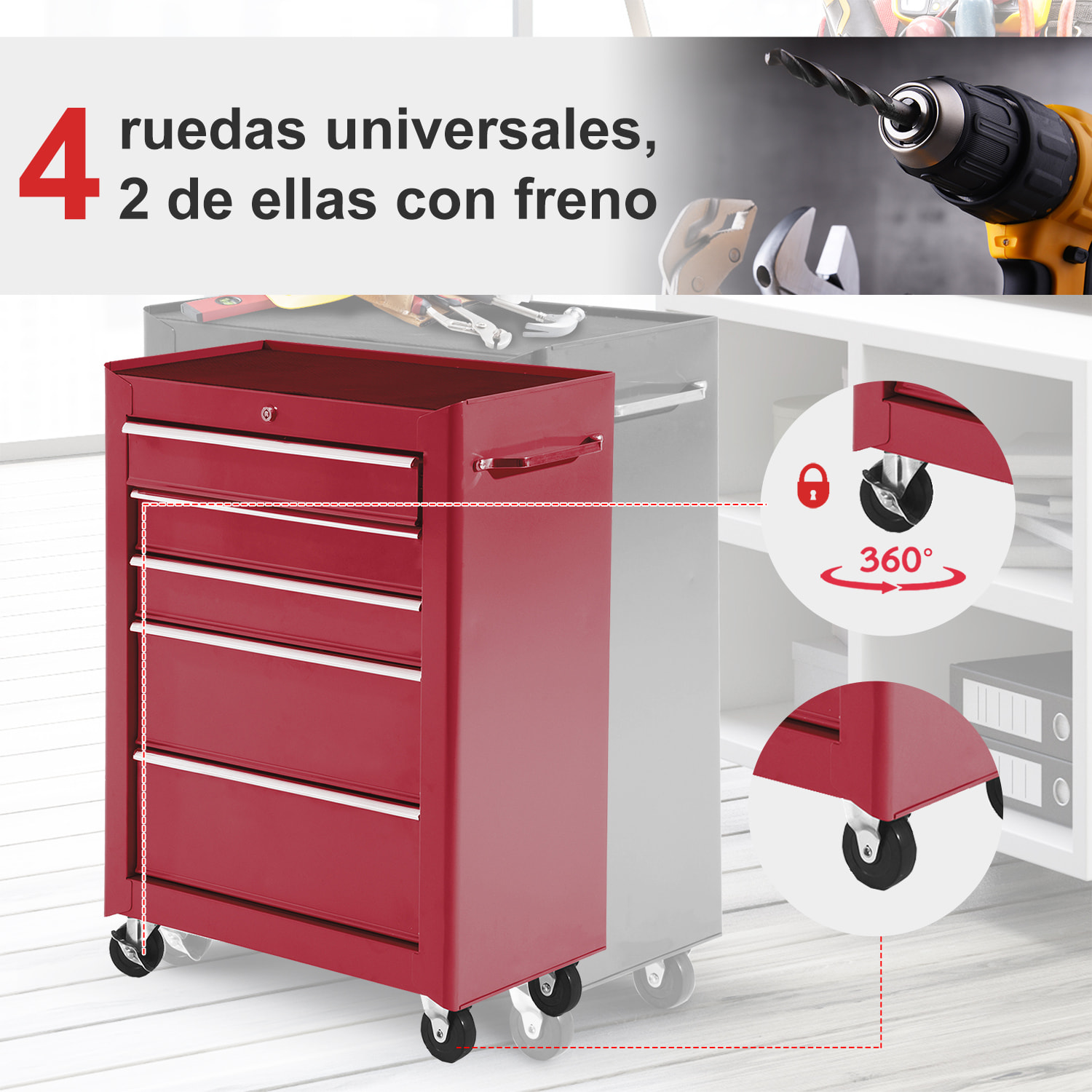 Carro Caja de Herramientas Taller Movil 5 Cajones 4 Ruedas Cerradura Color Rojo