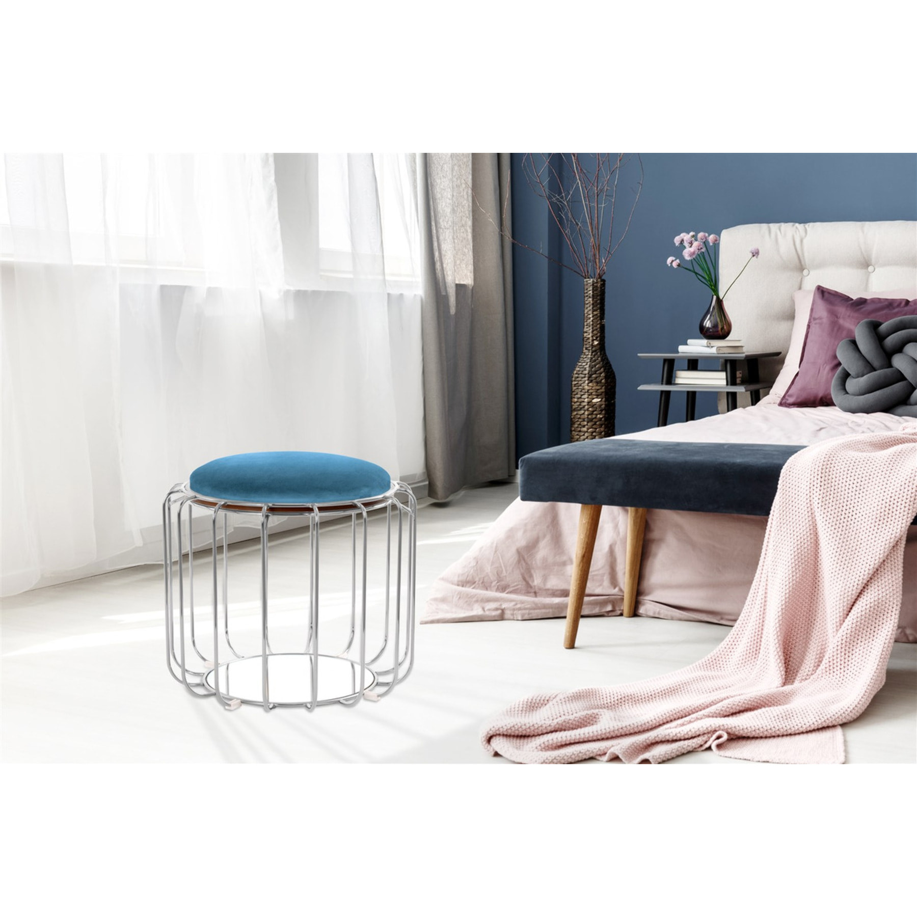 Tavolino e Pouf 2-in-1 Comfortable Petrolio e Argento