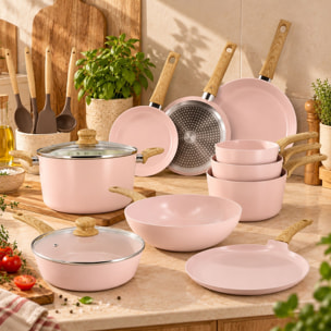Batterie de cuisine 13 pièces en aluminium recyclé rose - tout feux COLORAMA