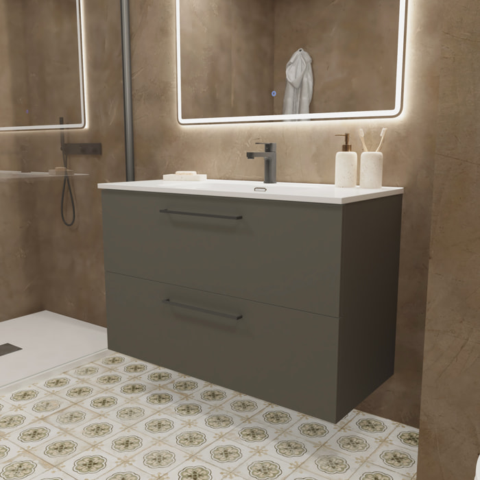 Meuble de Salle de Bain Vex | 100 cm Gris | Deux Tiroirs | Évier Encastré | Miroir non inclus | Meubles Assemblés | Alday
