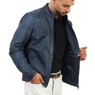 Giubbino in pelle di vitello rifinizione dakota blu jeans-Slim Fit