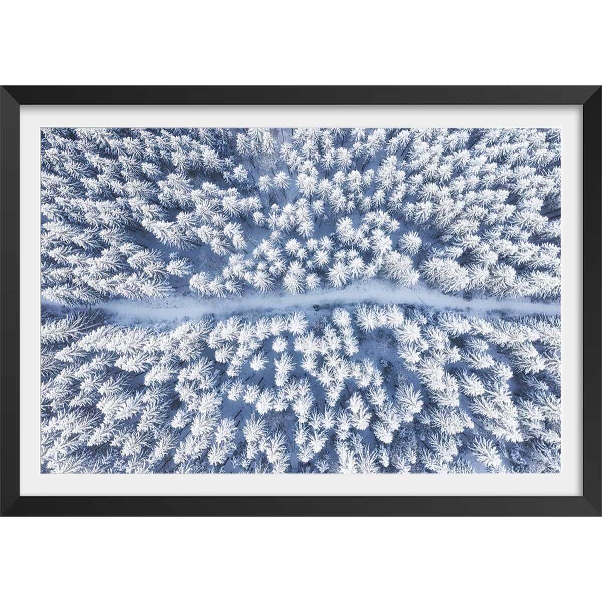 Affiche bleue de neige blanche Affiche + cadre en bois - Noir