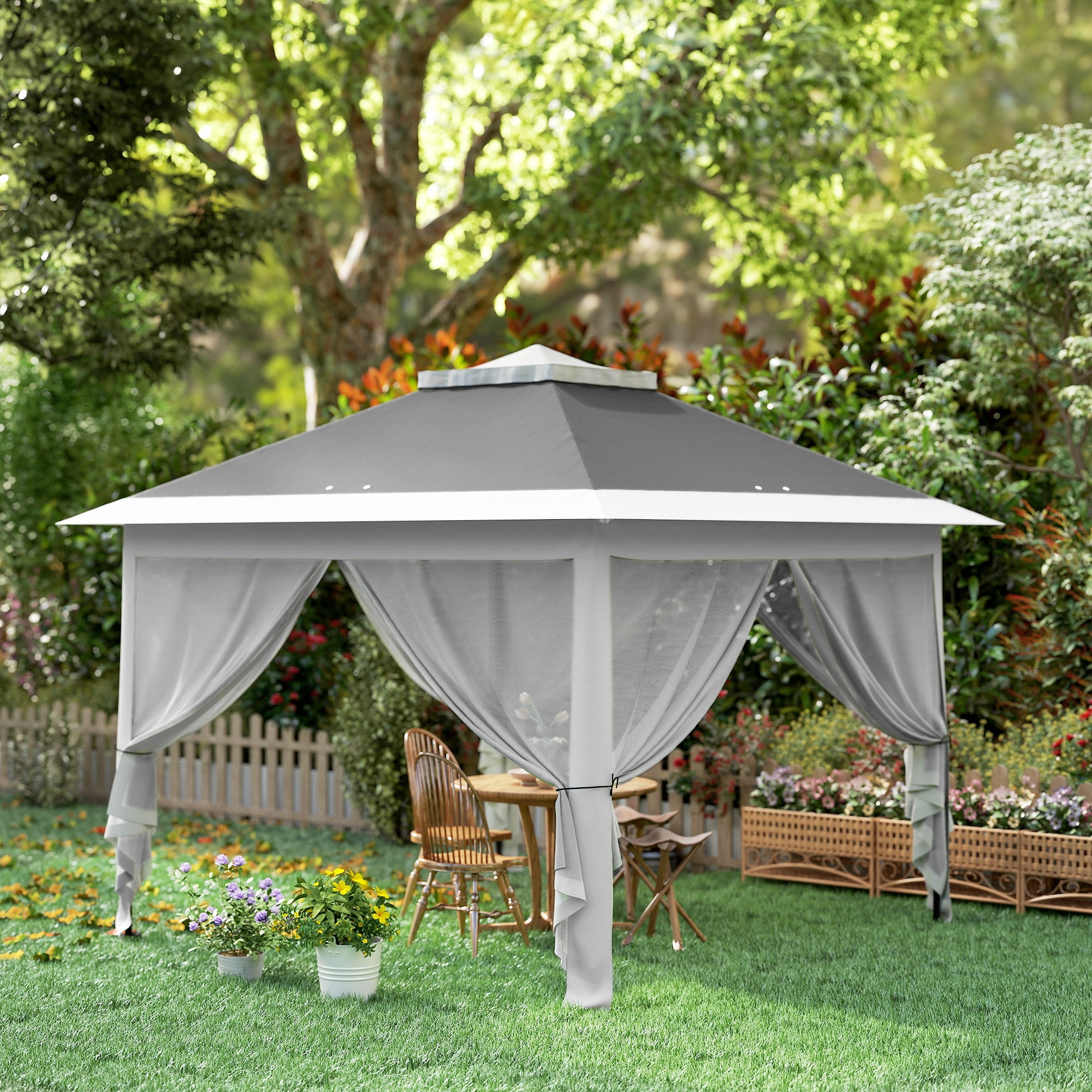 Carpa Plegable 3,3x3,3 m Pop-up, Cenador de Jardín con Altura Ajustable 3 Niveles, Doble Techo, 4 Mosquiteras Extraíbles y Bolsa Transporte, Impermeable, Anti-UV para Exterior, Fiestas, Gris