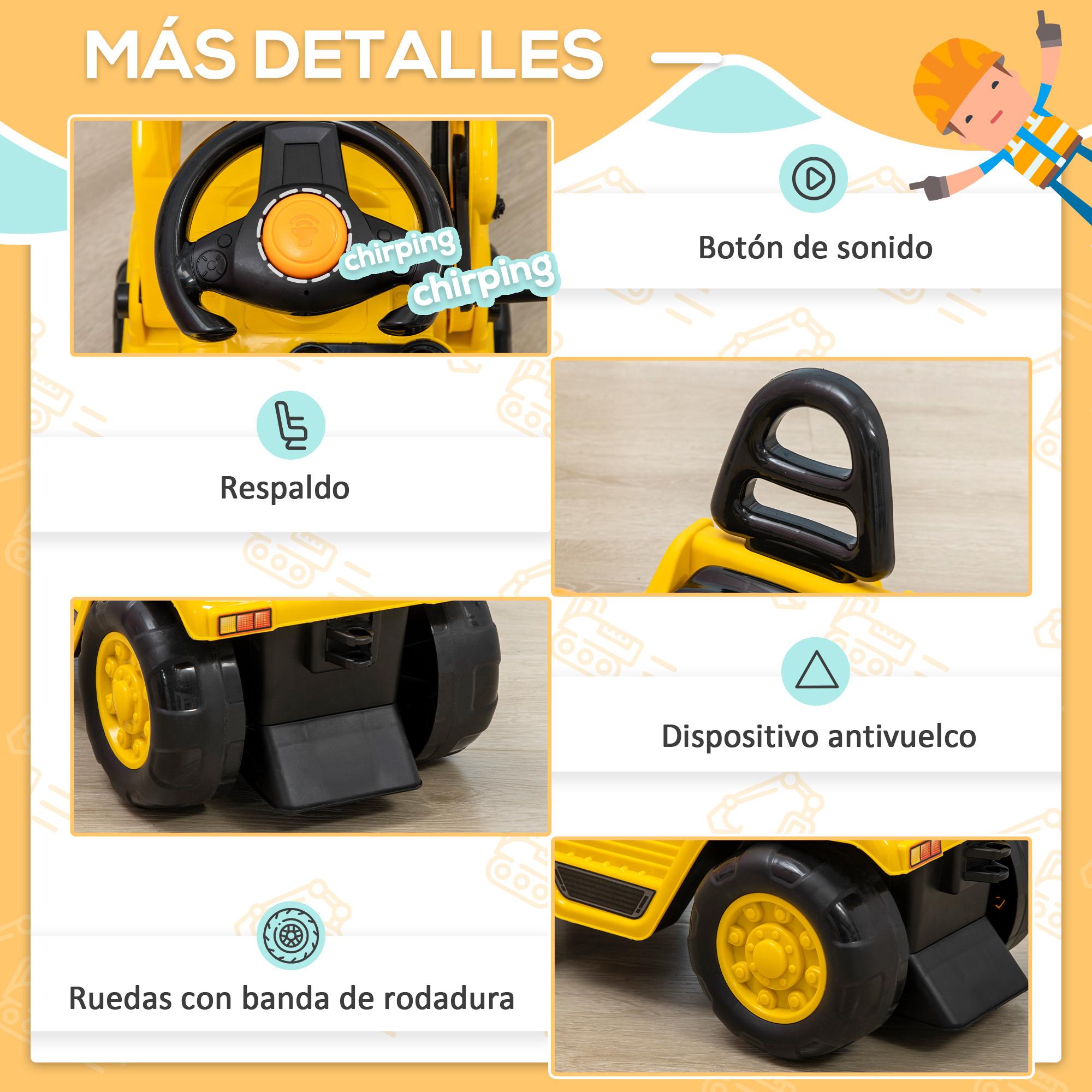 Tractor sin Pedales Excavadora para Niños de +3 Años con Bocina Asiento de Almacenamiento Oculto y Pala Móvil Carga 30 kg 83x27x39 cm Amarillo