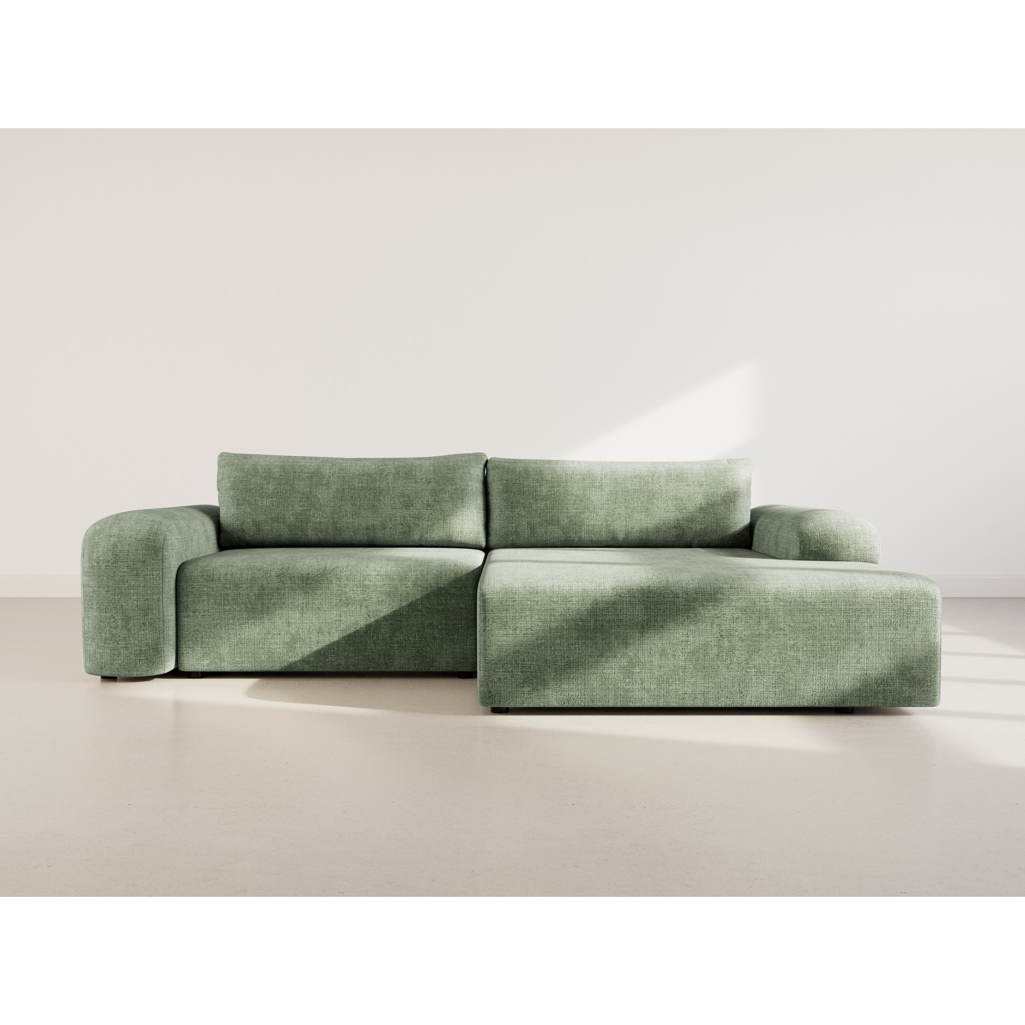 Rebecca - canapé d'angle droit 4 places convertible avec coffre en velours texturé - Vert sauge