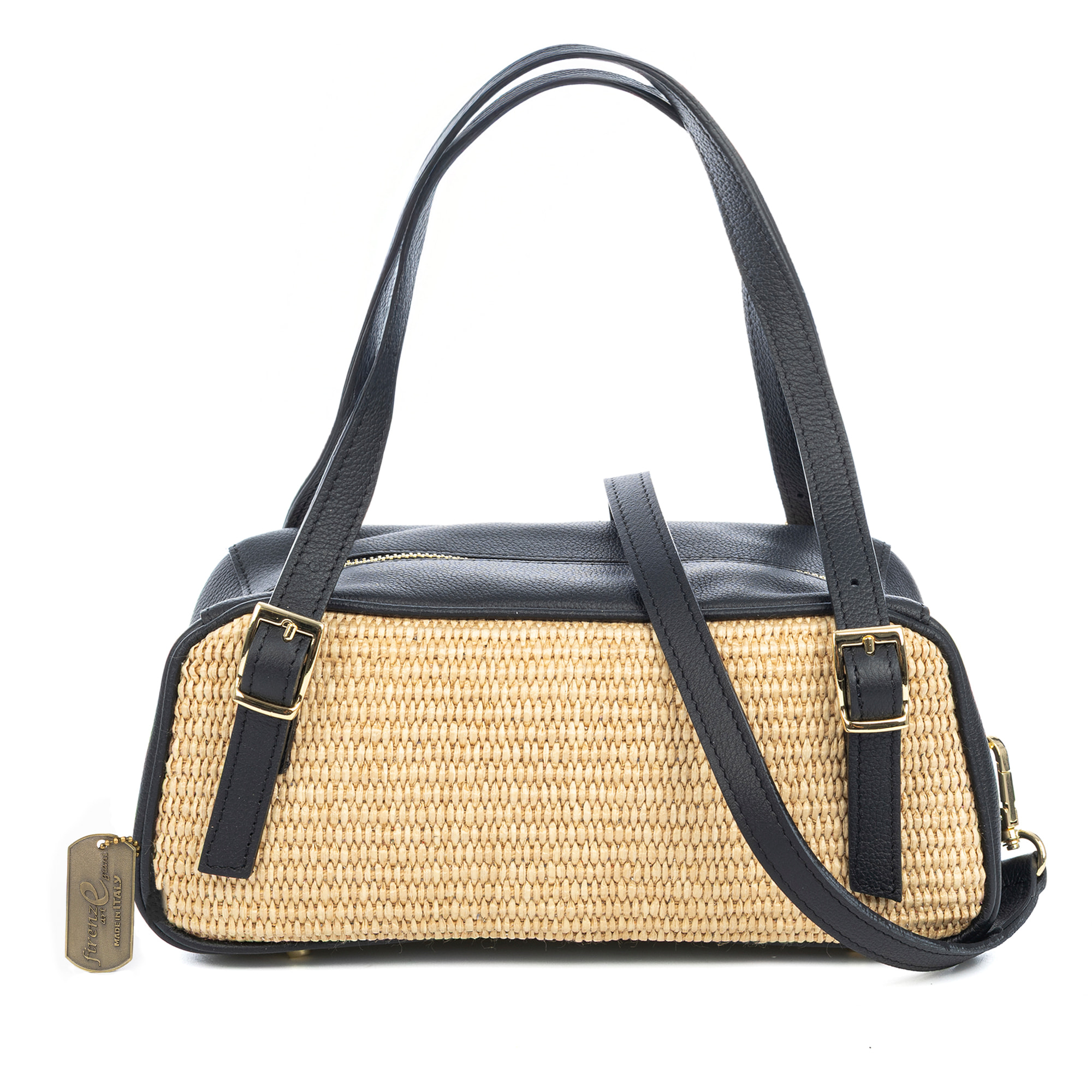 Avezzano bolso de mano mujer. Fabricado en piel, con parte anterior y posterior en paja.