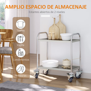 Carrito Auxiliar con Ruedas de Acero Inoxidable Carrito de Cocina con Bandejas y 2 Brazos para Comedor Salón 70,5x40,5x81 cm Plata