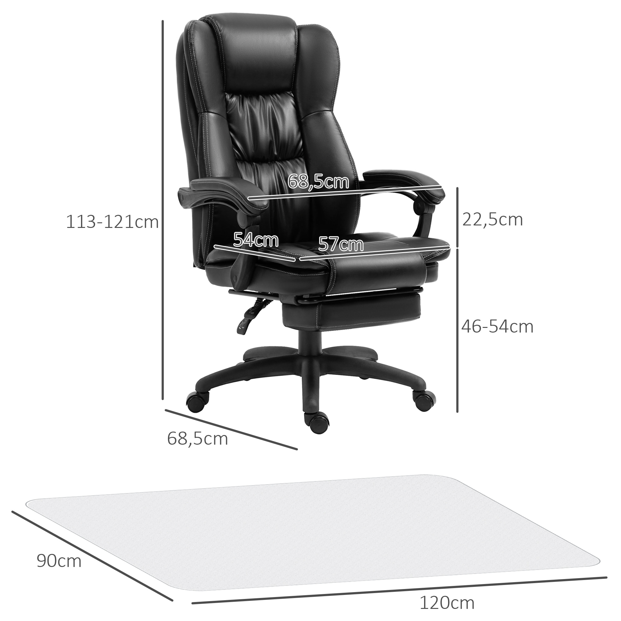 Conjunto de Oficina Incluye 1 Silla de Masaje Reclinable con 6 Puntos de Masaje 68,5x68,5x113-121 cm y 1 Alfombra Protectora de Suelo 90x120 cm Negro y Transparente