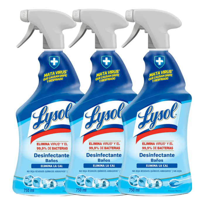 Lysol Limpiador desinfectante antical baños, elimina virus, bacterias sin lejía, aroma frescor marino, spray - Pack 3x750ml