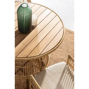 Tavolo da giardino LAMEGO rotondo in teak naturale e fibra effetto rattan, Ø110 cm