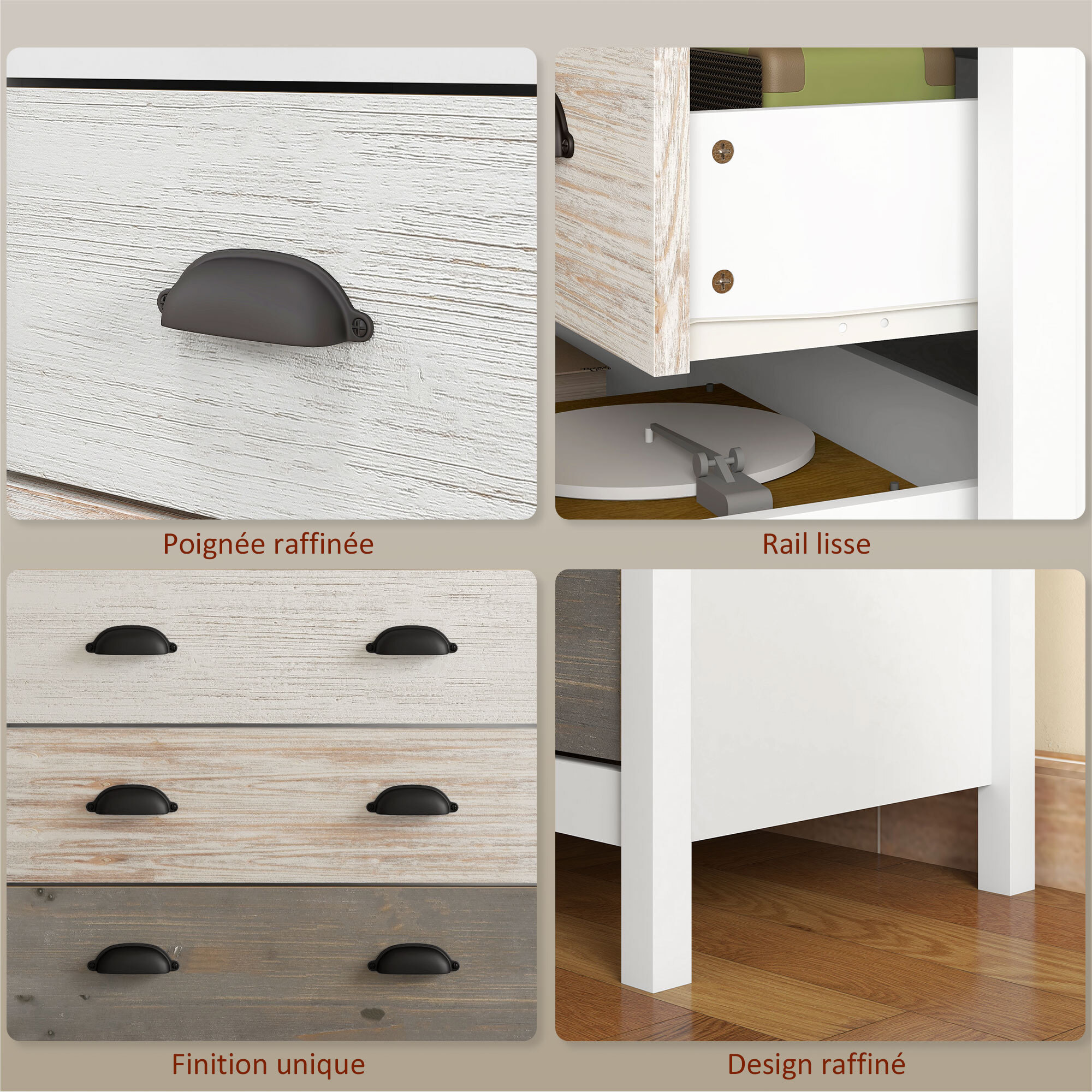Commode 5 tiroirs style  shabby chic - poignées coquille métal noir - 70 x 38 x 85 cm - blanc effet bois