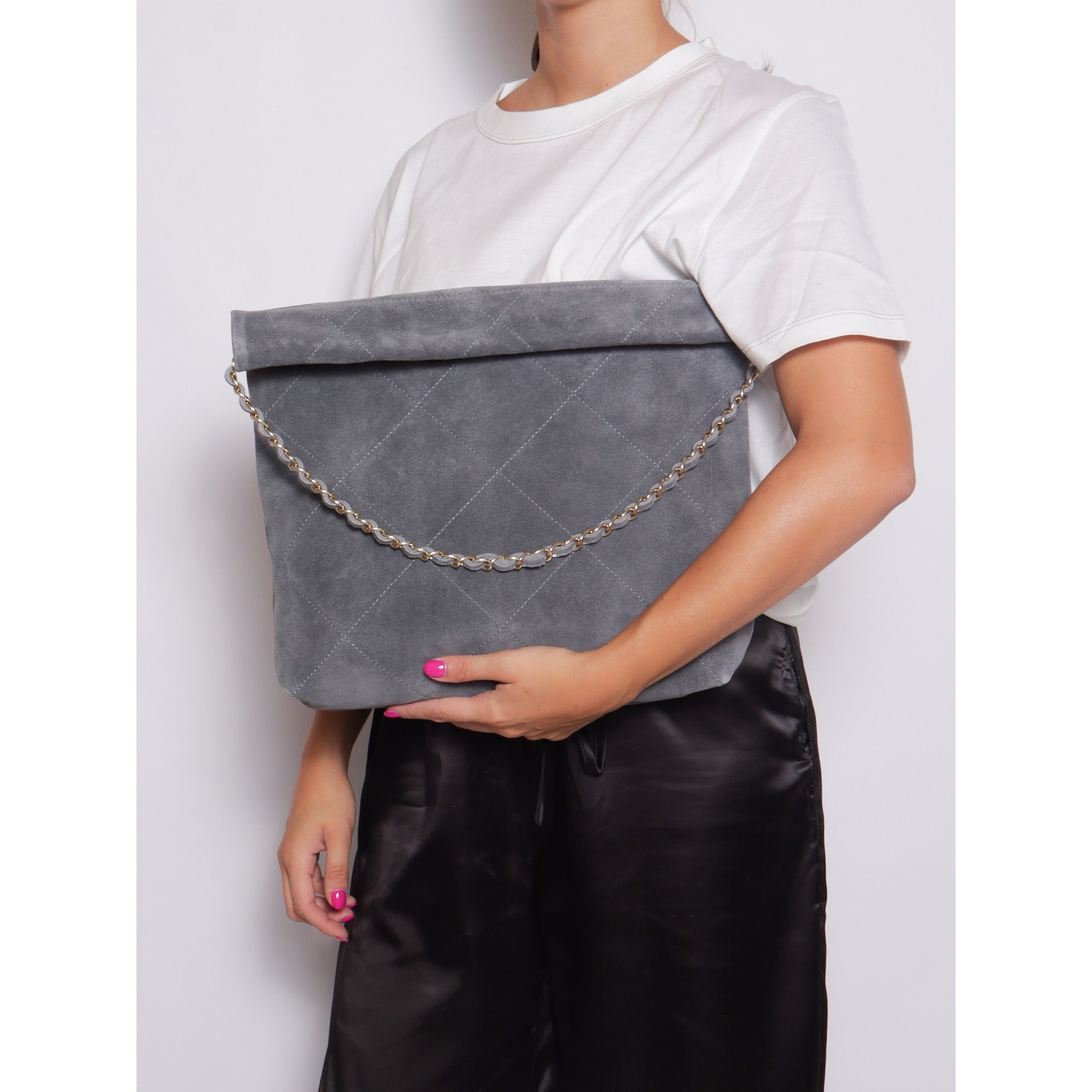 Borsa a spalla da donna Made in Italy - Modello Celeste Elite - Pelle scamosciata - 32.0 x 34.0 x 6.0 cm