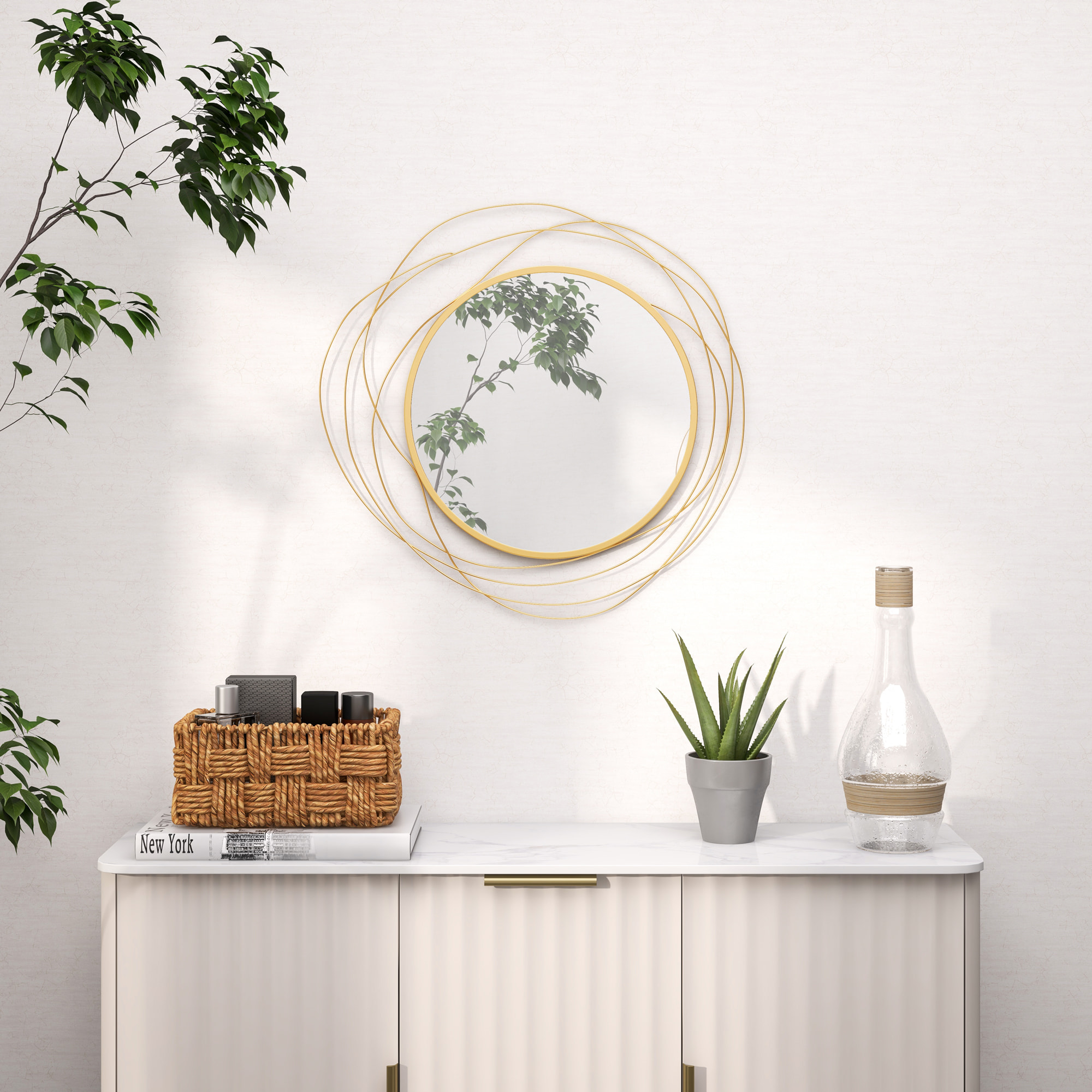 Espejo Decorativo de Pared, Adorno de Pared Metálico, Ø65 cm, con Ganchos, para Salón, Dormitorio, Pasillo, Dorado