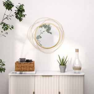 Espejo Decorativo de Pared, Adorno de Pared Metálico, Ø65 cm, con Ganchos, para Salón, Dormitorio, Pasillo, Dorado