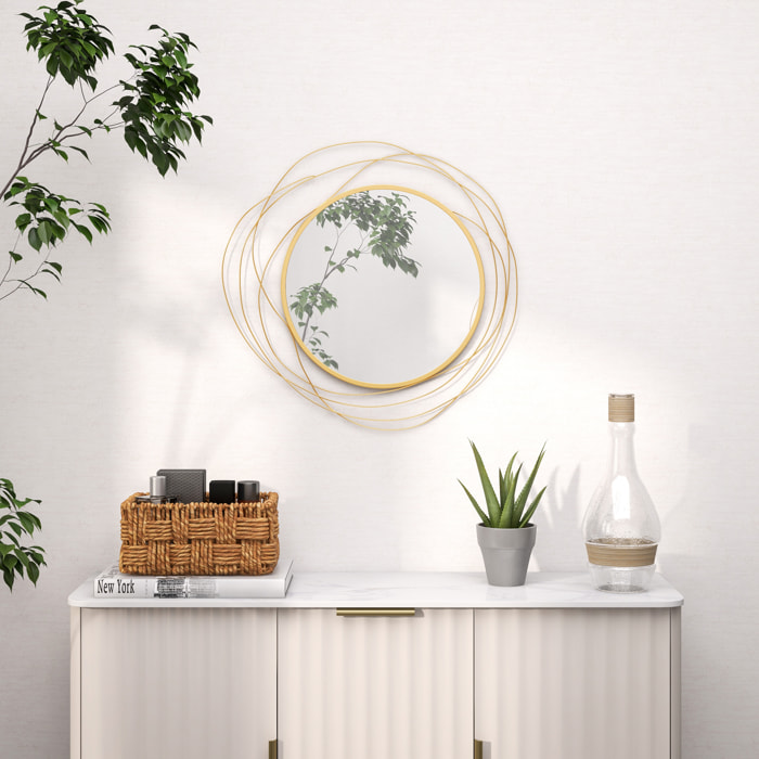 Espejo Decorativo de Pared, Adorno de Pared Metálico, Ø65 cm, con Ganchos, para Salón, Dormitorio, Pasillo, Dorado
