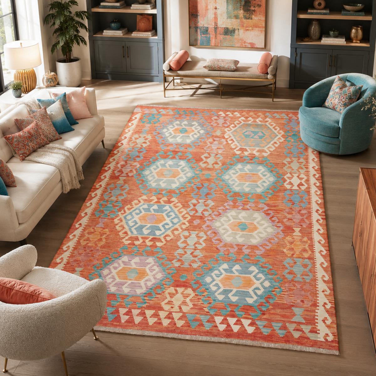 Tapis kilim, motif ethnique, tissage plat artisanal, UROP