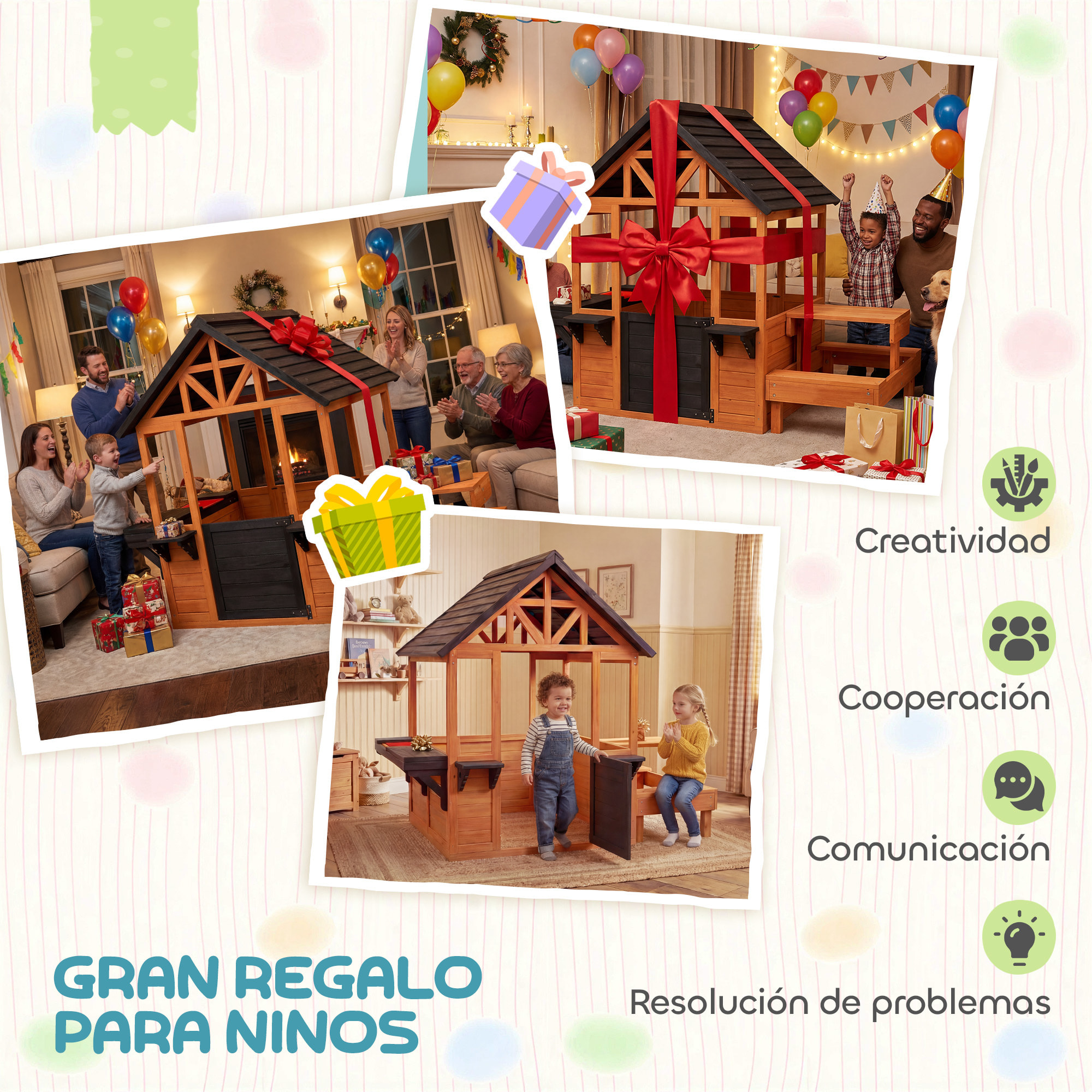 Casita Infantil Exterior e Interior de Madera, Casita Infantil con Barra de Snack y Bancos, Mesa Lateral, Fregadero, Maceteros, Ventanas, Casa de Jardín para Niños de 3-8 Años, Marrón Claro