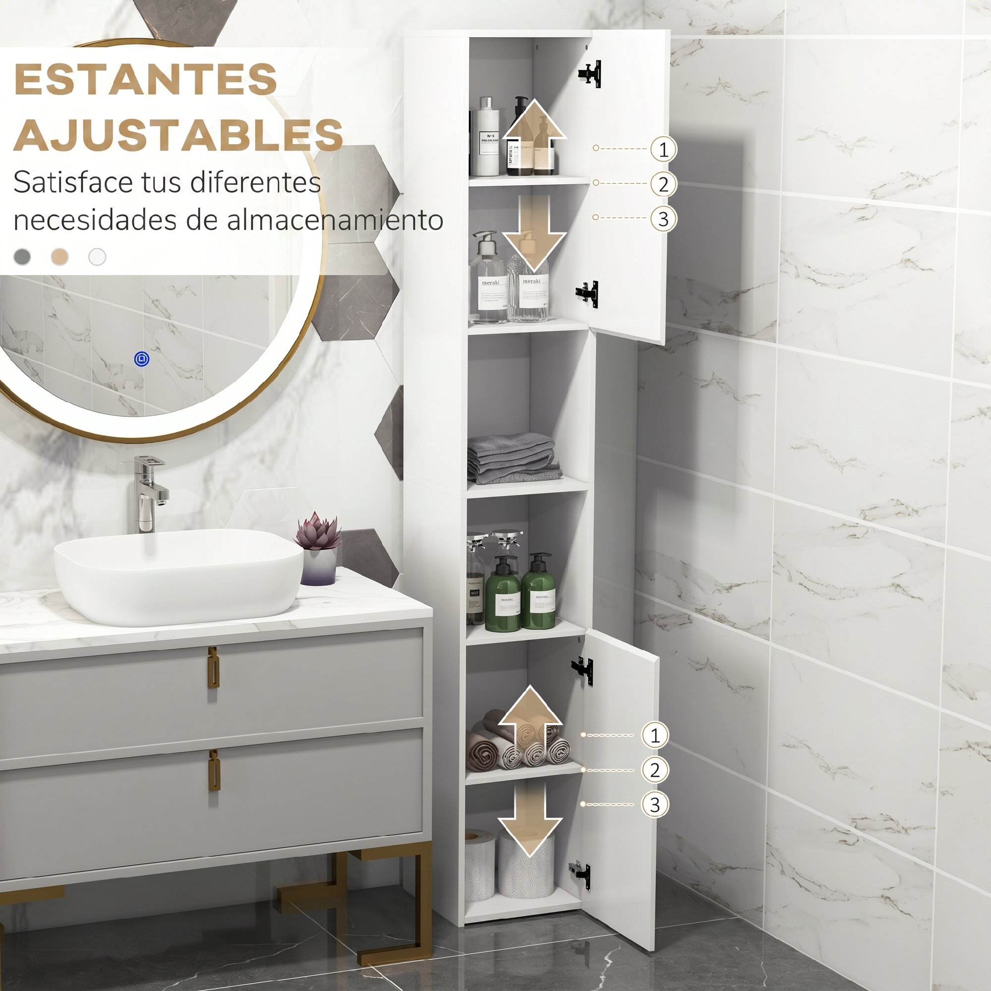 kleankin Armario de Baño Alto, Mueble de Baño Estrecho con Puertas y Estantes Ajustables, 30x30x81,5 cm, Blanco Brillo