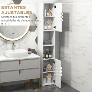 kleankin Armario de Baño Alto, Mueble de Baño Estrecho con Puertas y Estantes Ajustables, 30x30x81,5 cm, Blanco Brillo