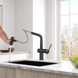 B-Way set mitigeur lavabo XL + mitigeur cuisine Ceramia Timeless acier inoxydable, douchette extractible, noir mat (SATBW185BM)