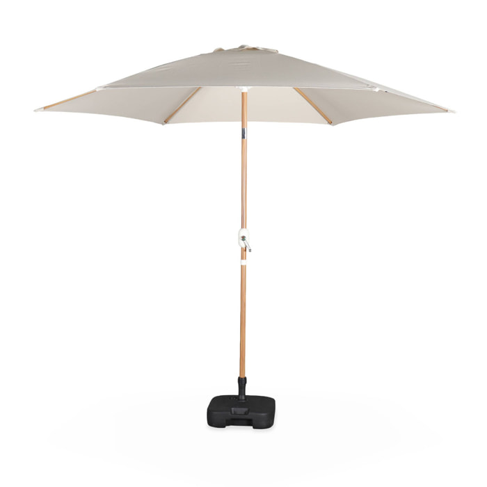 Parasol droit rond sable Ø293cm mât central en aluminium imitation bois. orientable et manivelle d'ouverture
