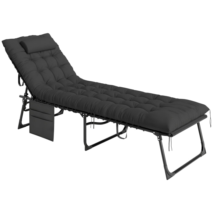 Bain de soleil transat pliable inclinable avec poignée, pochette rangement et matelas grand confort noir