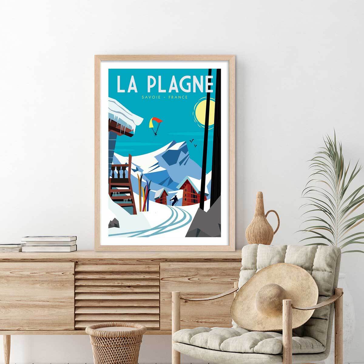 Poster de belle plagne Affiche + cadre en bois - Chêne