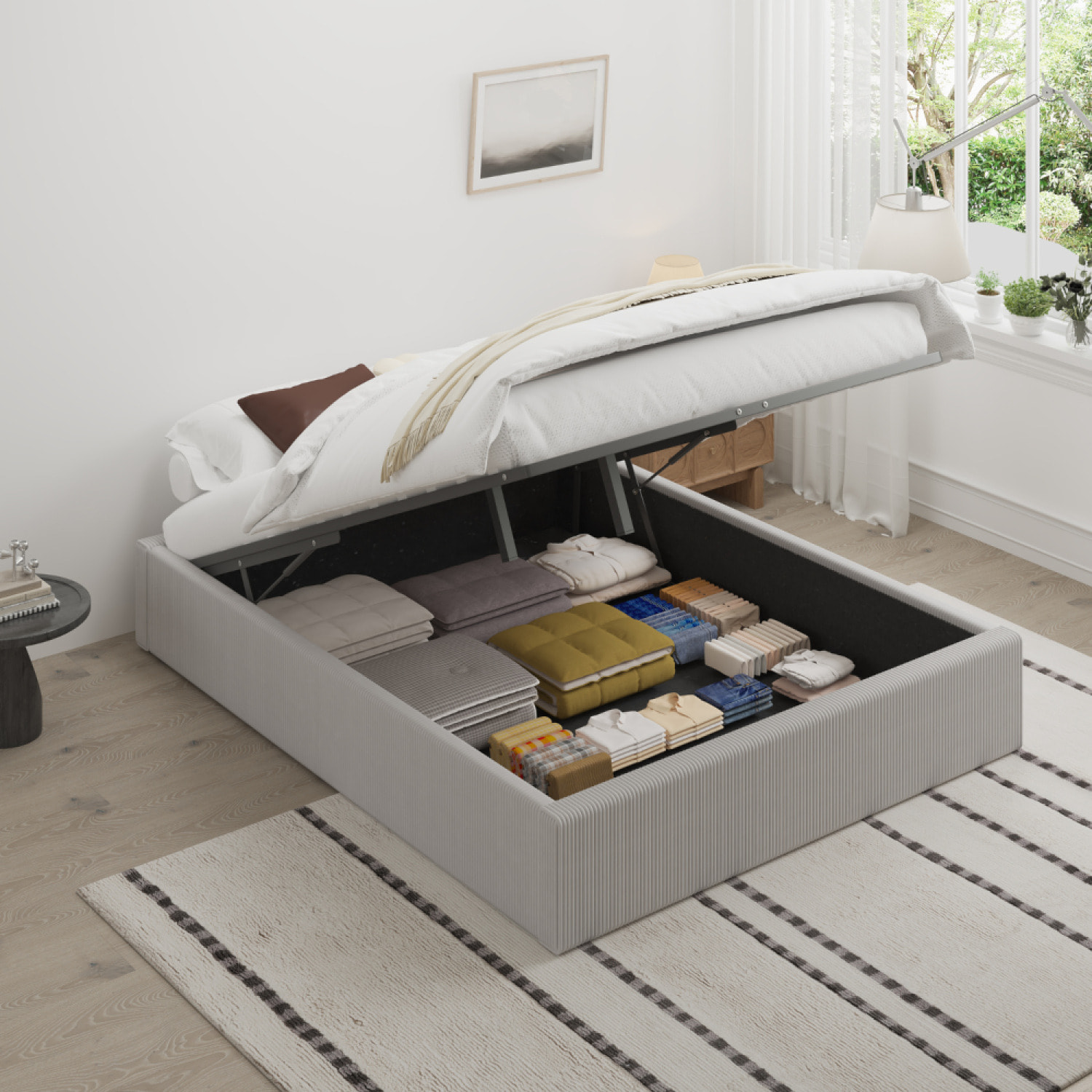 ABATE Lit avec coffre de rangement 140x190cm velours côtelé gris