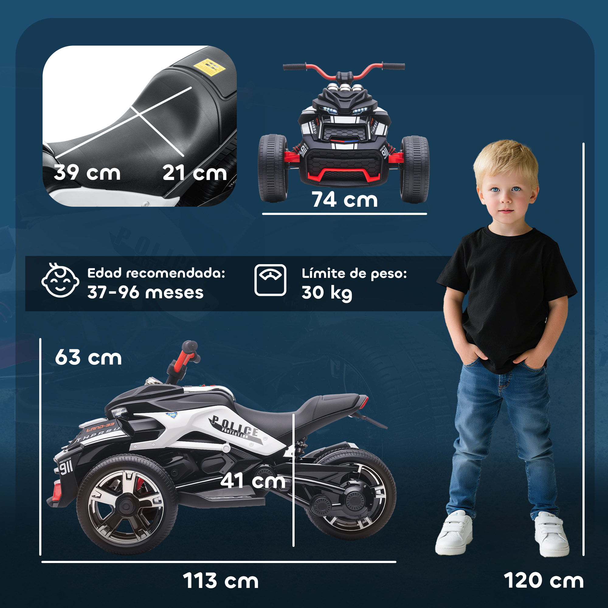 Quad Eléctrico para Niños 12V, Quad para Niños de 3-8 Años, con 2 Motores, Velocidad hasta 5â€¯km/h, 3 Ruedas, Sistema de Suspensión, Faros, Bocina, Música, USB, Negro y Blanco