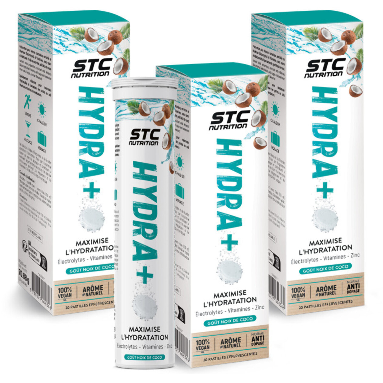 STC NUTRITION - Hydra+ - Préparation pour boisson isotonique à base d'Électrolytes, Vitamines, sucre et édulcorant naturels - Optimise l'hydratation - Coco - Lot de 3