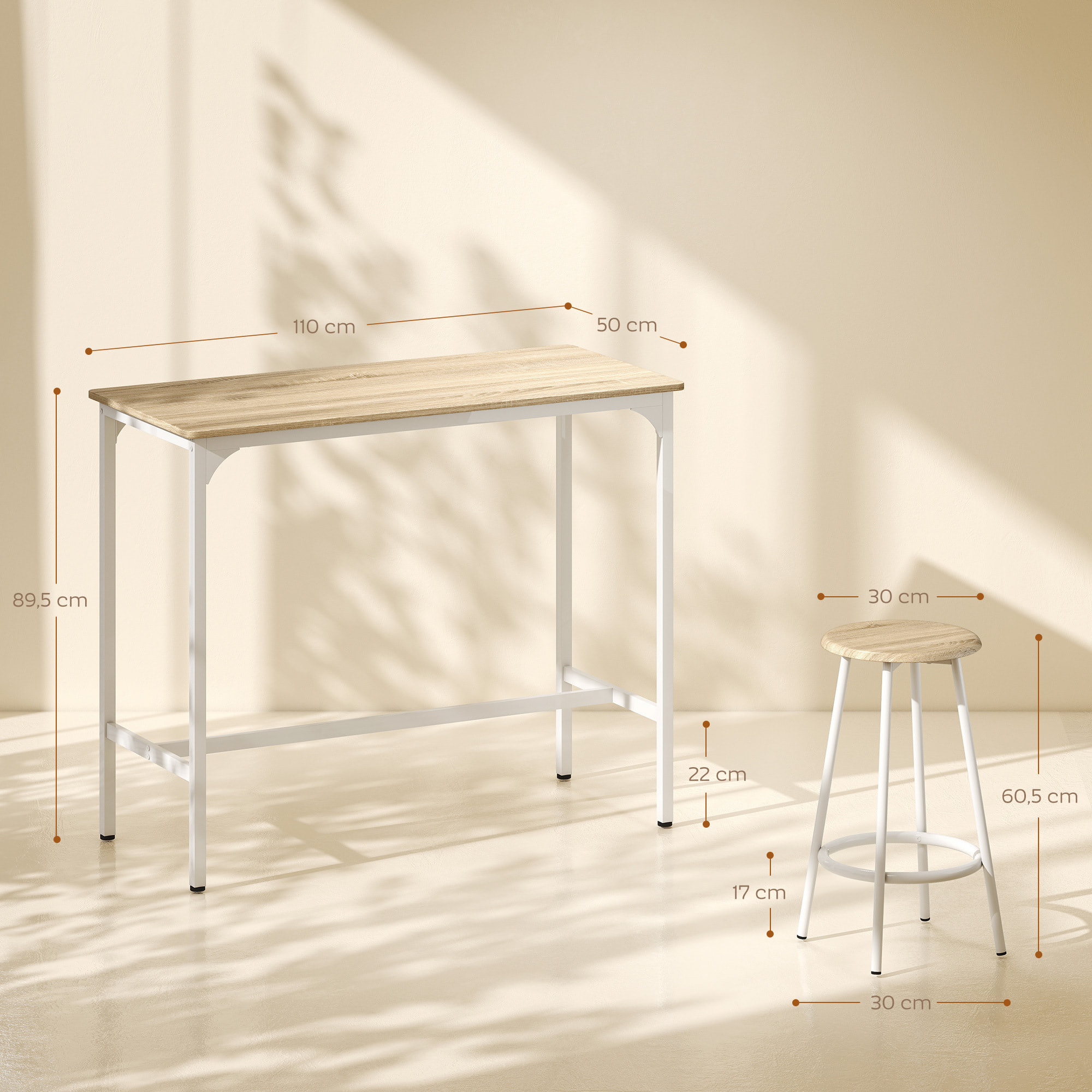 Conjunto Mesa Alta de Cocina con 4 Taburetes, Mesa de Bar Alta, Ahorro de Espacio, para Pisos Pequeños, Comedor, Balcón o Isla Cocina 110x50x89,5 cm, Natural y Blanco