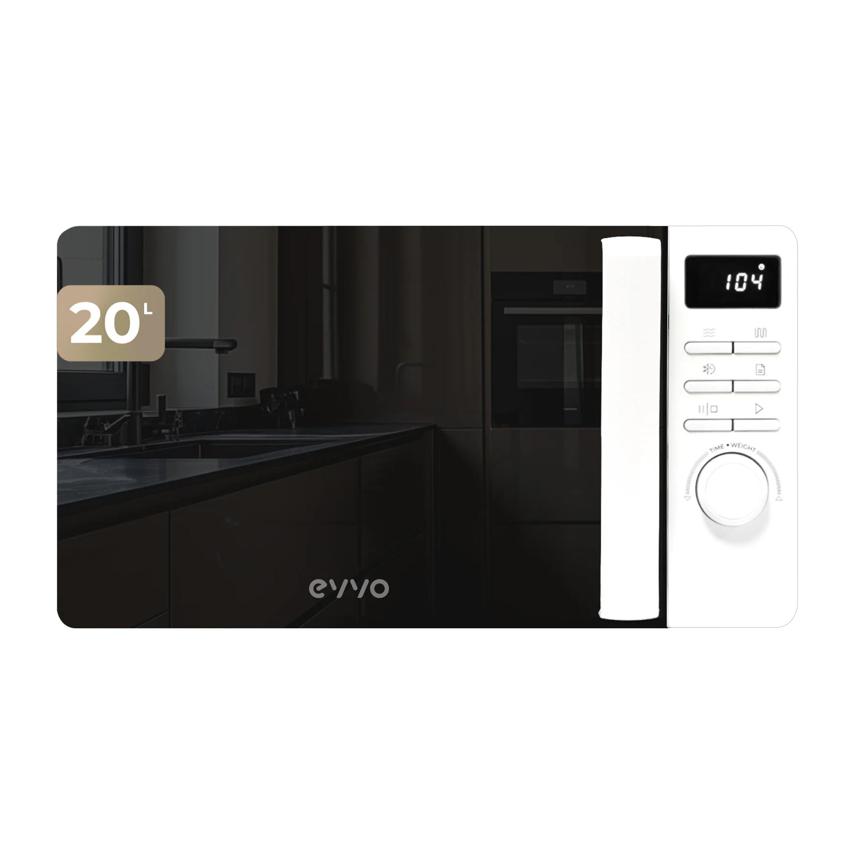 EVVO Microondas M20 White, 20L de Capacidad, Grill 800W, Puerta Efecto Espejo, Multifunción, Función Descongelar, Temporizador 60 Minutos,Display Digital (Acabado Blanco)