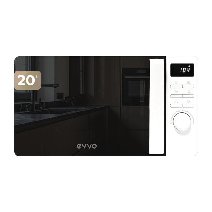 EVVO Microondas M20 White, 20L de Capacidad, Grill 800W, Puerta Efecto Espejo, Multifunción, Función Descongelar, Temporizador 60 Minutos,Display Digital (Acabado Blanco)