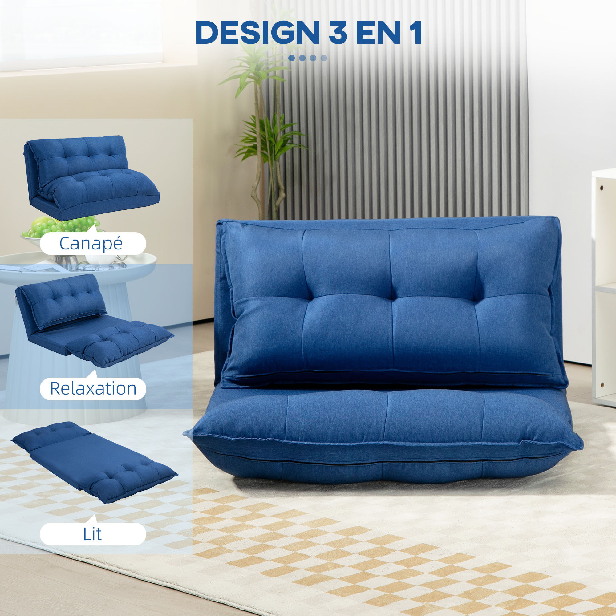 Chauffeuse - matelas d'appoint pliant - fauteuil convertible - inclinaison dossier réglable 13 positions - tissu lin bleu