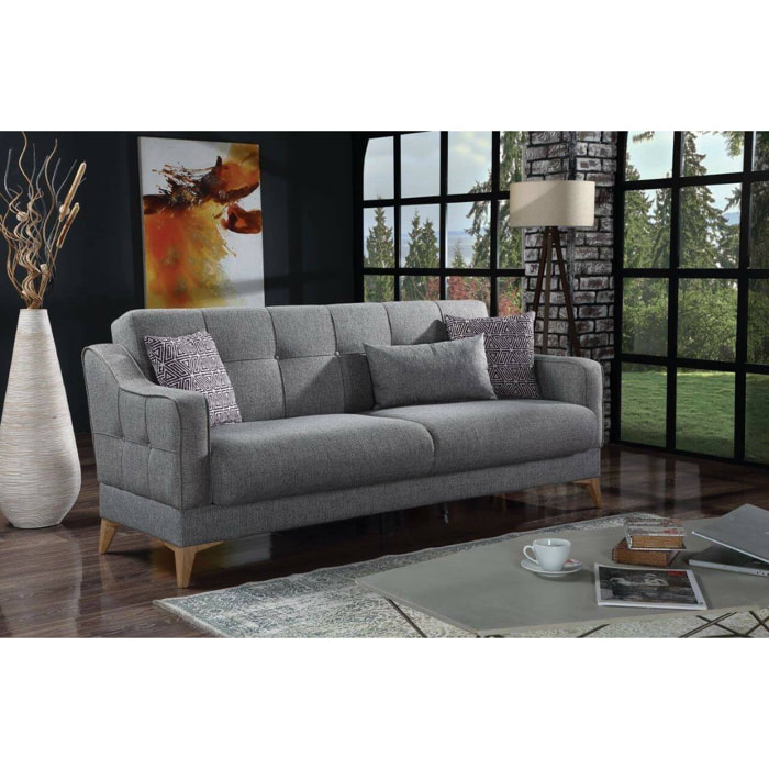 Divano letto Juan, Divano letto contenitore a 3 posti lineare con 3 cuscini inclusi, Sofà da soggiorno in tessuto imbottito con apertura click-clack, 207x82xh92 cm, Grigio