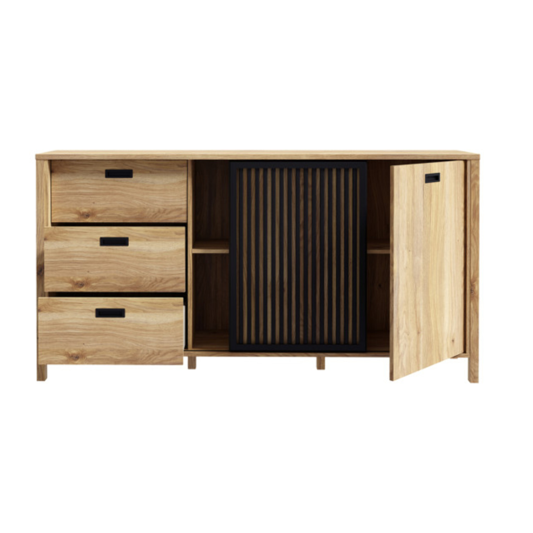 Buffet L175 cm 3 tiroirs 2 portes décor bois chêne et noir - BOSTON