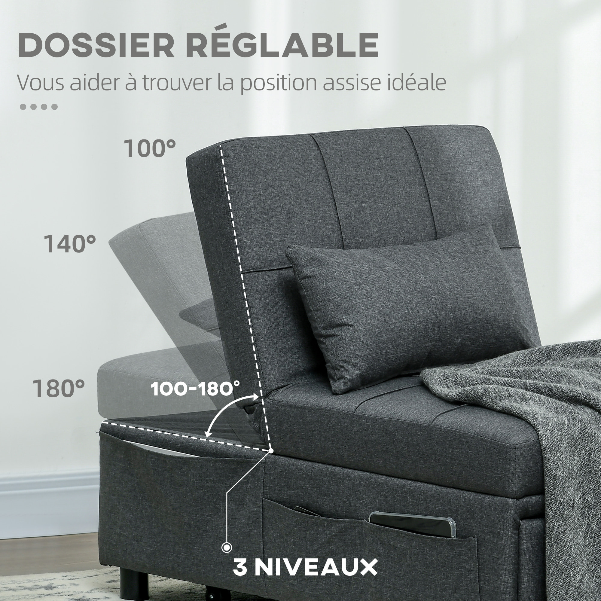 Chauffeuse fauteuil convertible inclinable réglable tissu effet capitonné gris