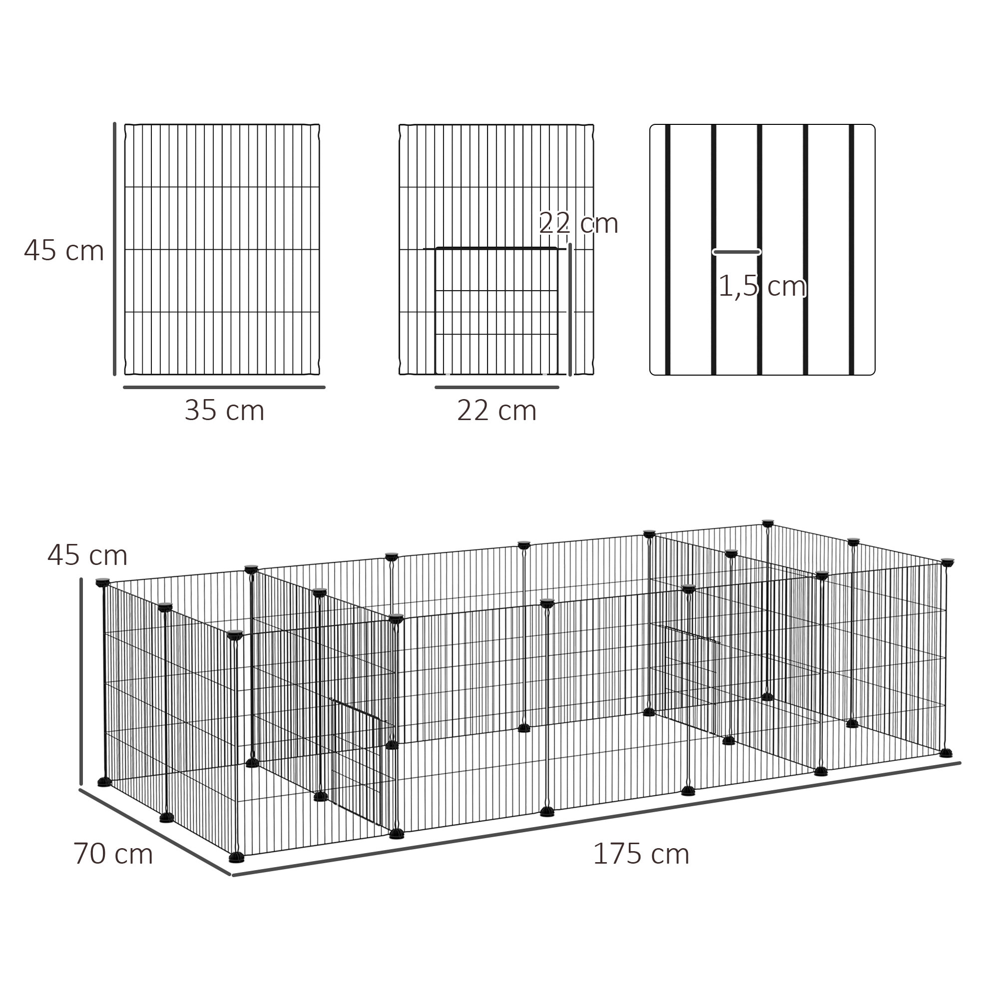 Parc enclos modulable petits animaux lapins rongeurs chiots - 18 panneaux en fil d'acier - 2 portes - 175L x 70l x 45H cm - noir