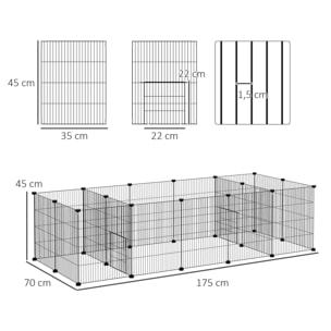 Parc enclos modulable petits animaux lapins rongeurs chiots - 18 panneaux en fil d'acier - 2 portes - 175L x 70l x 45H cm - noir