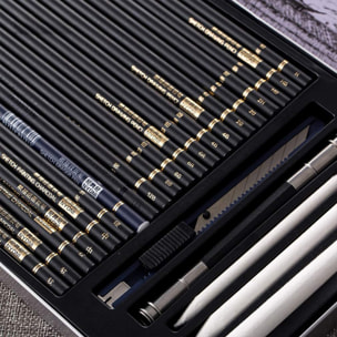 Set Profesional de 29 piezas para diseños profesionales. Se compone de 14 lápices de esbozo de diferentes grosores y durezas (H-14B), 6 lapices de  carbón  y herramientas de dibujo profesional.