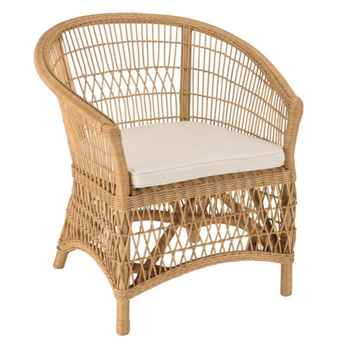 KALLY - Fauteuil en rotin naturel avec coussin d'assise blanc