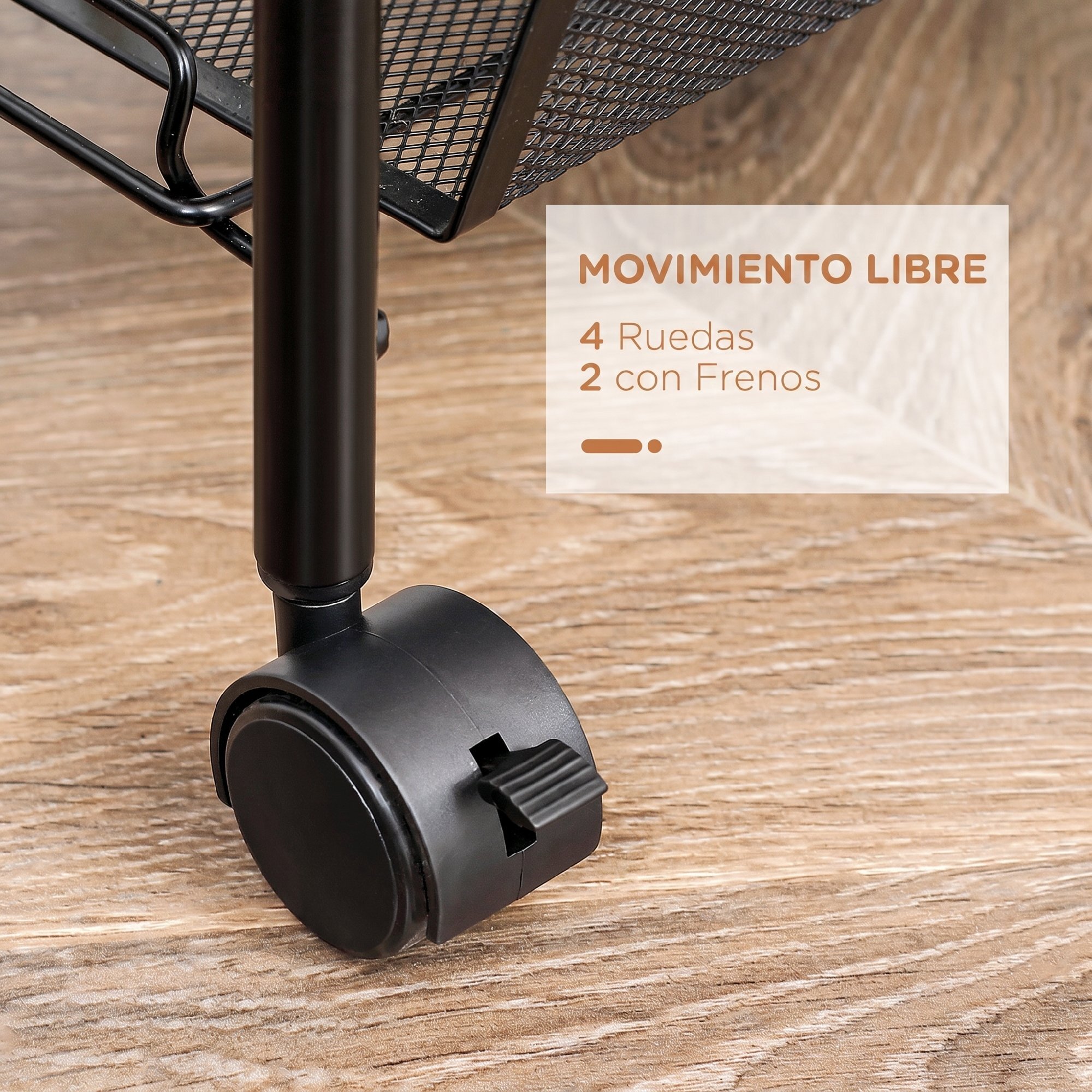 Carrito Auxiliar con Ruedas, Carrito de Cocina de Acero, con 3 Cestas, Carga 9 kg, para Comedor, Sala de Estar, Baño, 45x26,5x63 cm, Negro